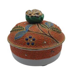 Vintage Porcelain Shofu Trinket Box Floral Enamel Design With Rose Lid Japan MCM
